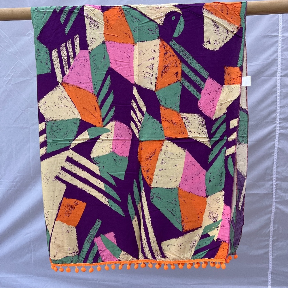 Sarong/Coverup/Canga - Abstract Birds Pastel w/Orange Poms